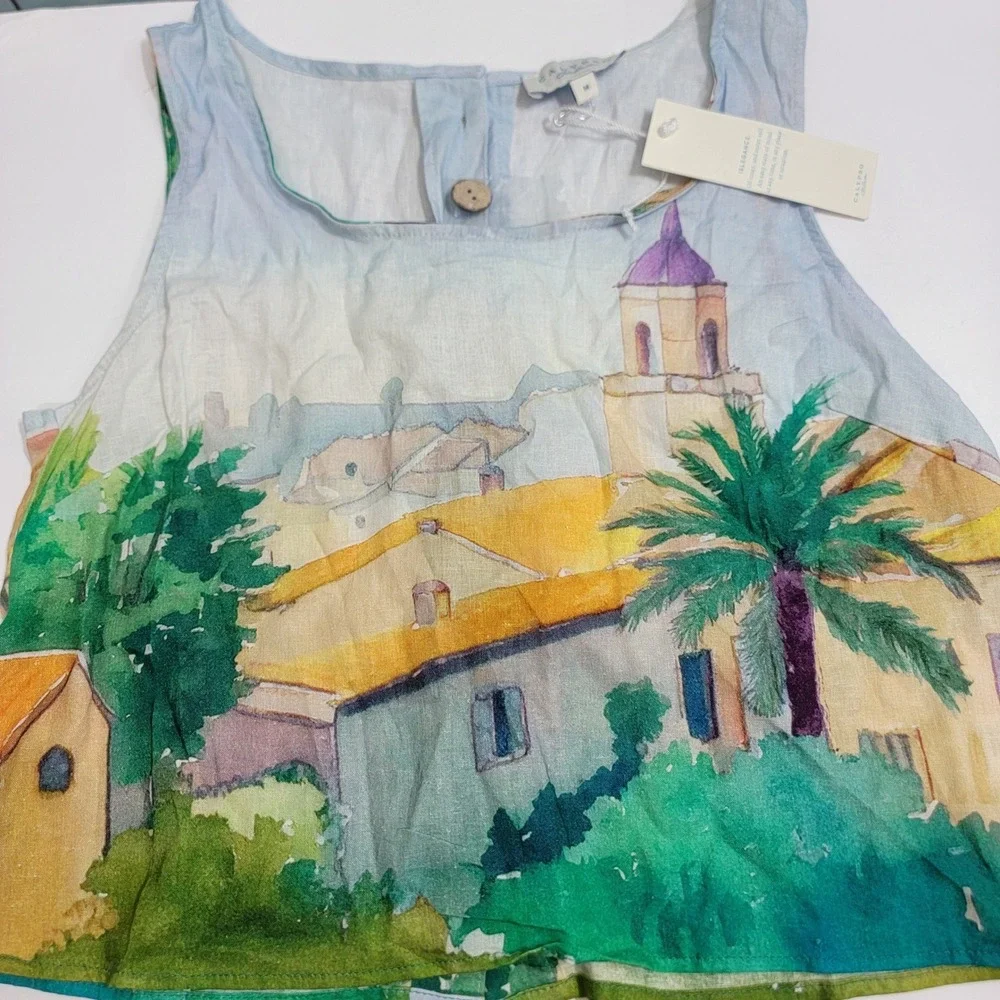 Calypso St. Barth Linen Blend Watercolor Scenic Village Crop Tank Top Med NEW - Picture 7 of 14